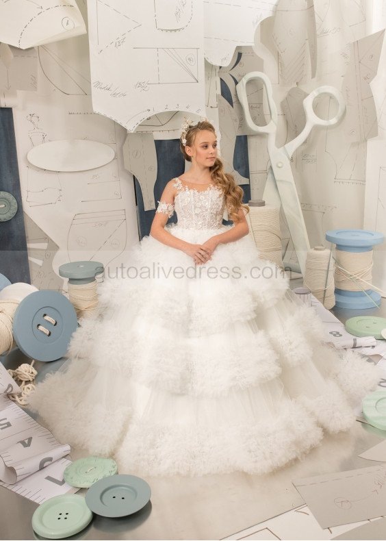 Beaded Ivory Lace Tulle Ruffled Stunning Flower Girl Dress